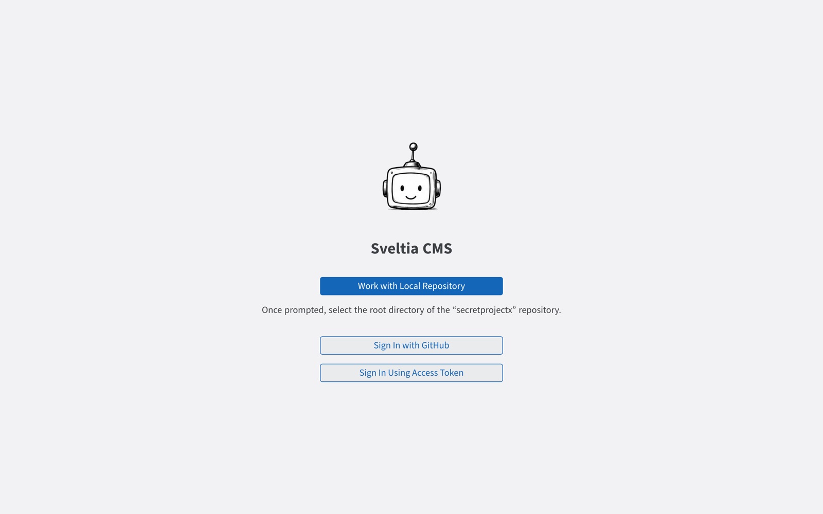 Innloggingsskjermen til Sveltia CMS på botbedring.no, med roboten som logo
