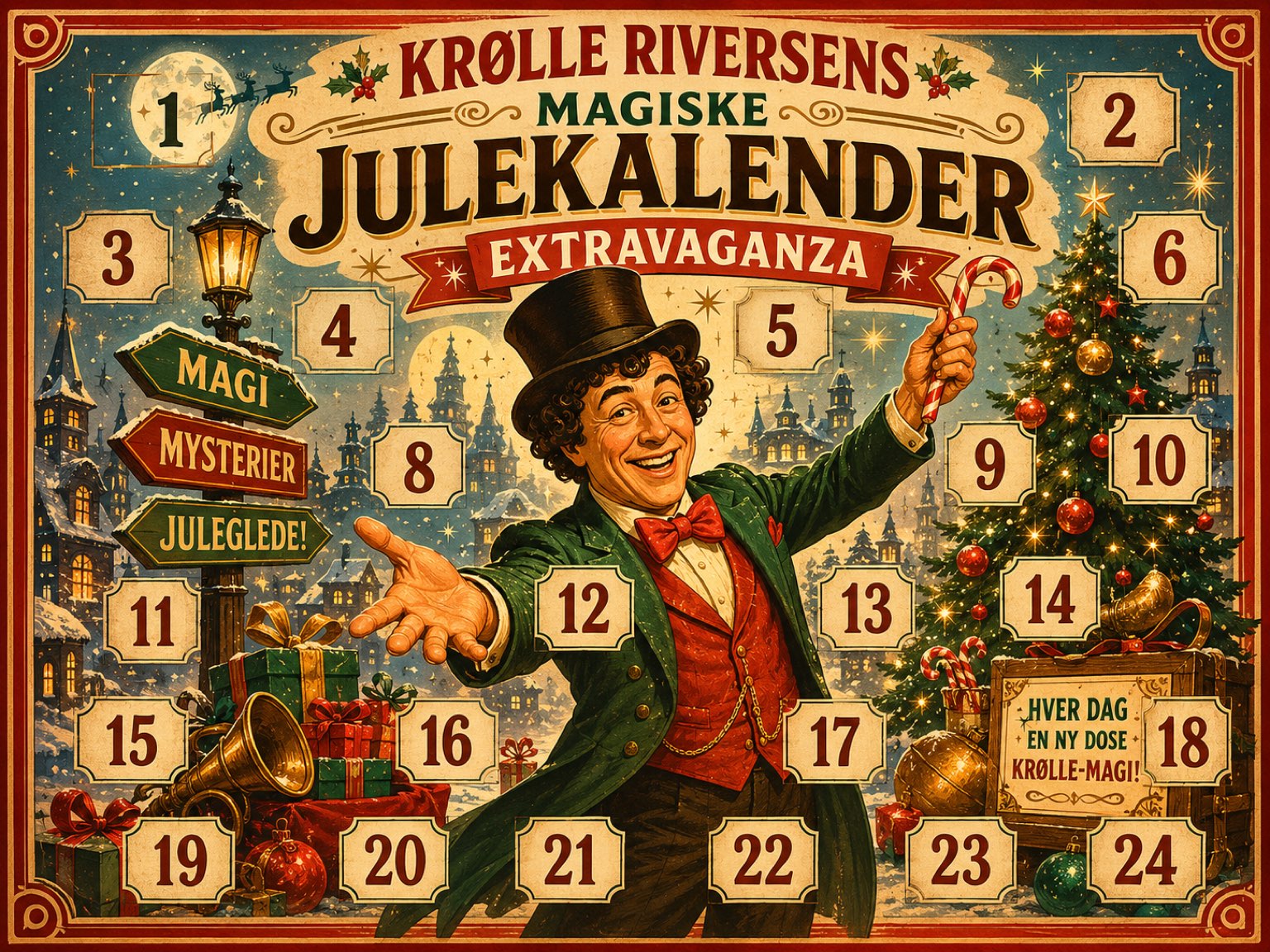 Krølle Riversens Julekalender — vinterversjon med kalenderluker spredt i snøscene