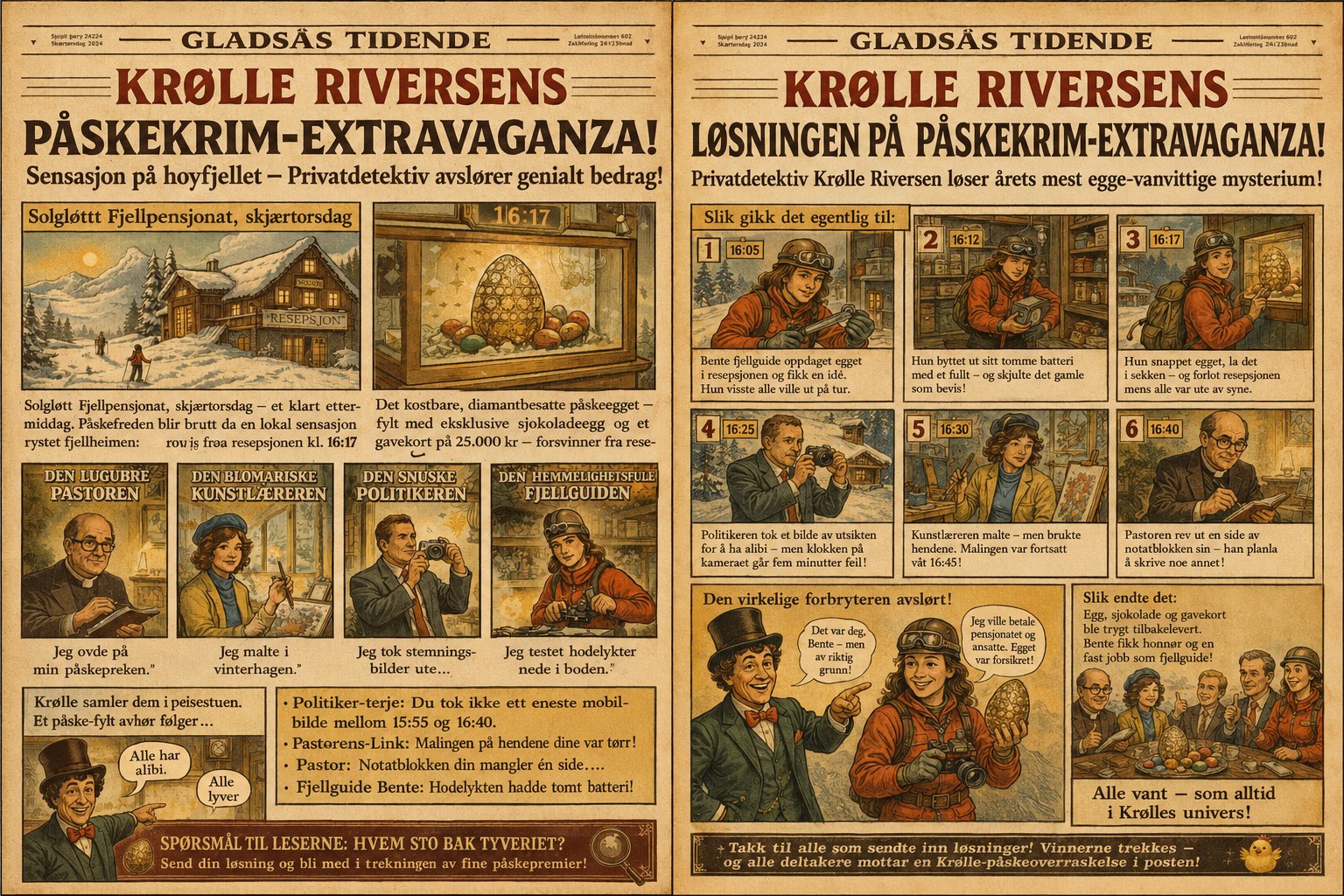 Krølle Riversens Påskekrim-Extravaganza versjon 2 — Gladsås Tidende dobbeltside med krim og løsning