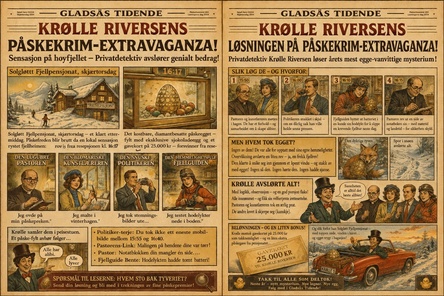 Krølle Riversens Påskekrim-Extravaganza versjon 3 — Gladsås Tidende dobbeltside med ny løsningsstruktur